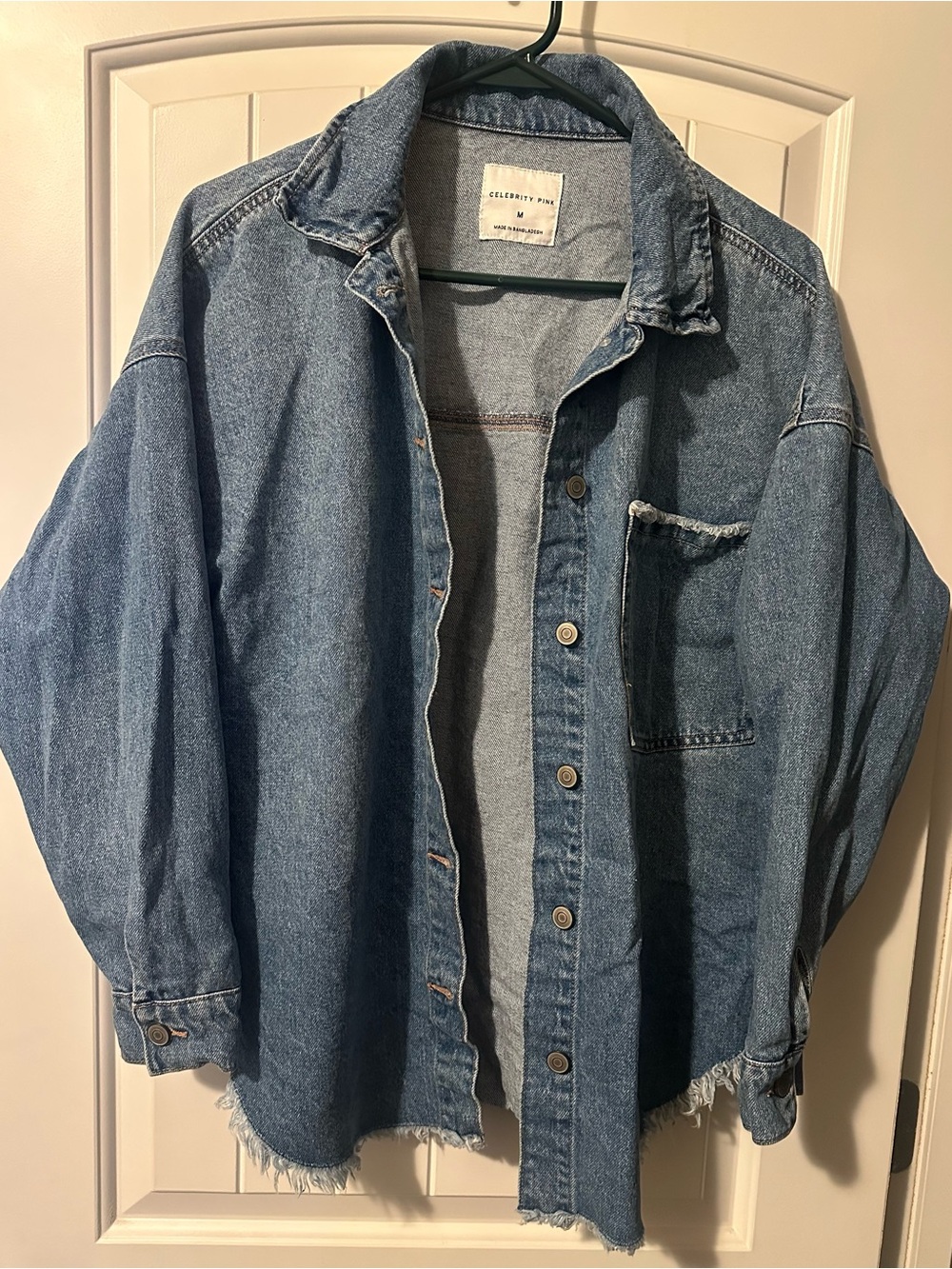Celebrity Pink (Med) Distressed Oversized Denim Shacket Shirt Jacket Medium Wash